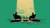 Two silhouetted figures seated in angled chairs facing each other across a small table with coffee cups, lit by a soft overhead glow
